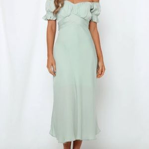 Hello Molly Sage Green Off-Shoulder Midi Dress